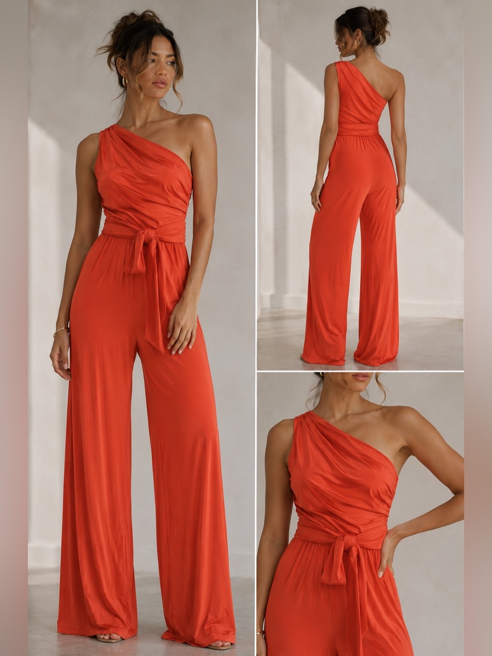 CAMEO One Shoulder Coral Orange Wide Leg Jumpsuit Belted Size M